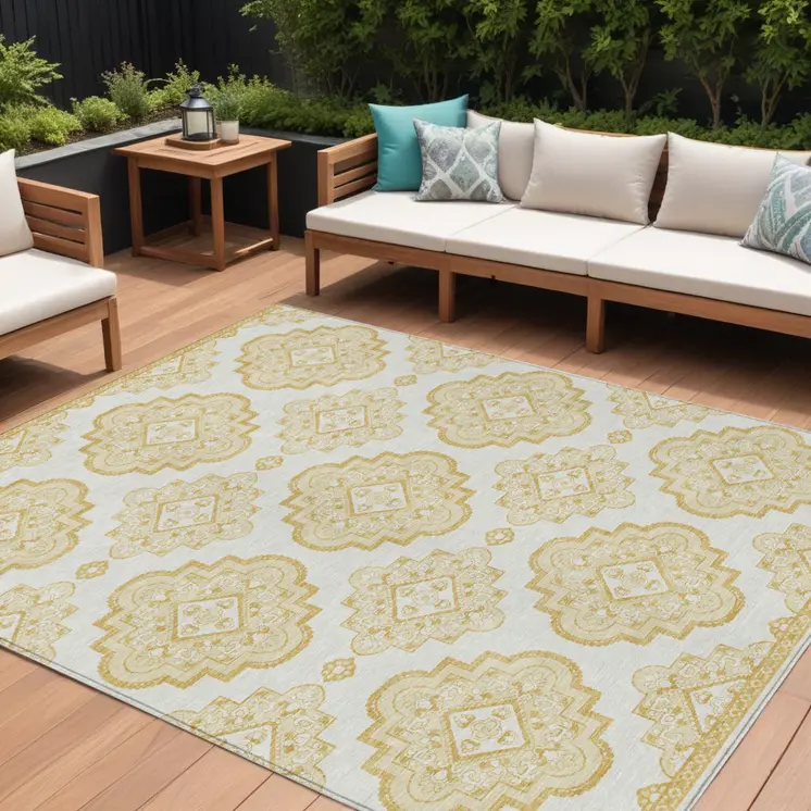 10' X 14' Gold And Ivory Medallion Washable Indoor Outdoor Area Rug