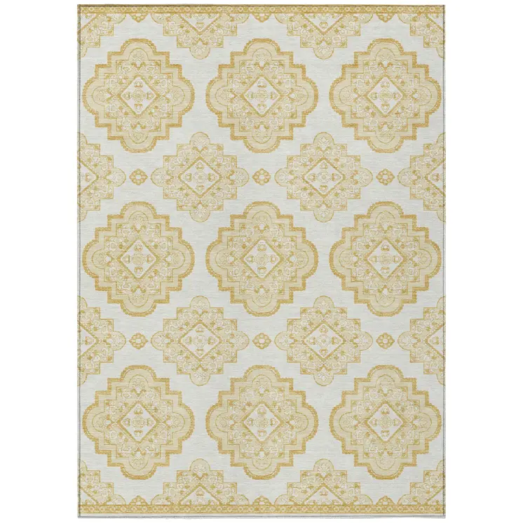 10' X 14' Gold And Ivory Medallion Washable Indoor Outdoor Area Rug