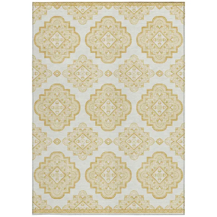 10' X 14' Gold And Ivory Medallion Washable Indoor Outdoor Area Rug