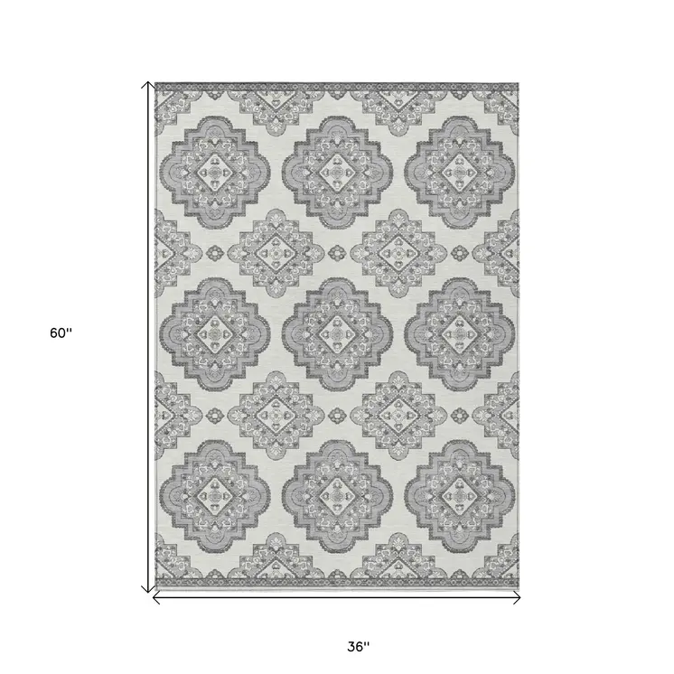 3' X 5' Gray And Ivory Medallion Washable Indoor Outdoor Area Rug