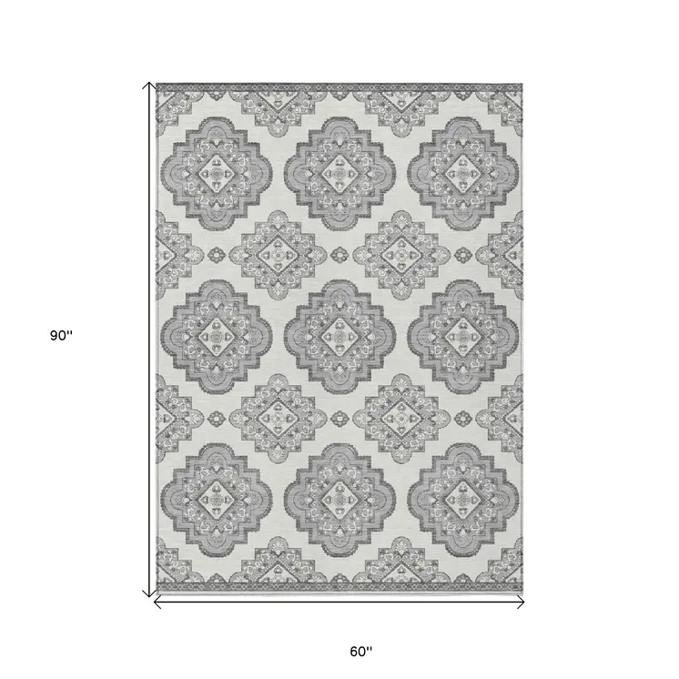5' X 8' Gray And Ivory Medallion Washable Indoor Outdoor Area Rug