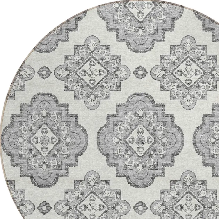 8' Gray And Ivory Round Medallion Washable Indoor Outdoor Area Rug