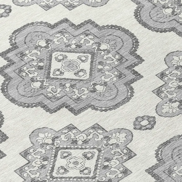 8' Gray And Ivory Round Medallion Washable Indoor Outdoor Area Rug