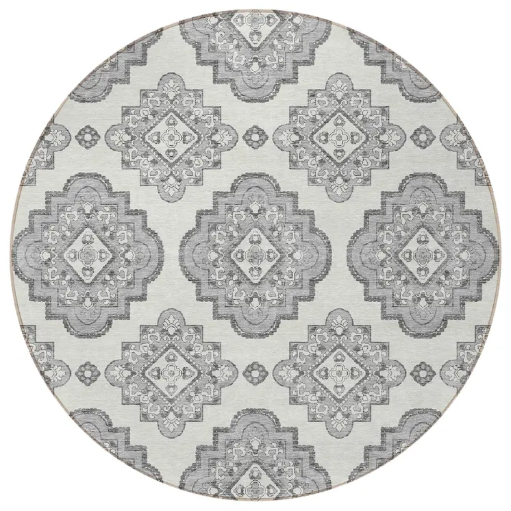8' Gray And Ivory Round Medallion Washable Indoor Outdoor Area Rug