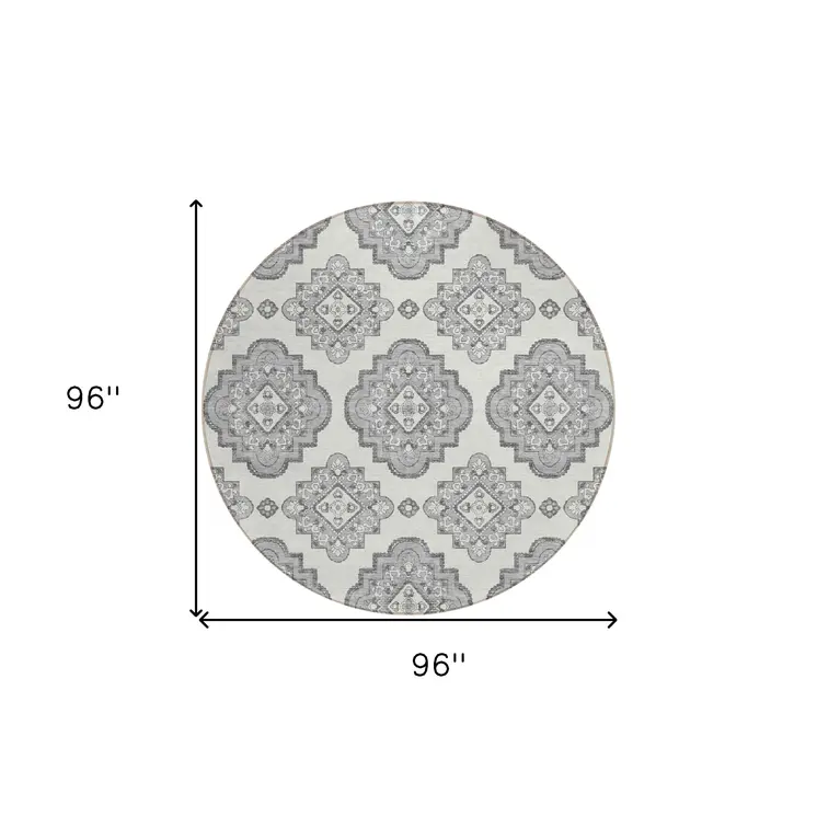 8' Gray And Ivory Round Medallion Washable Indoor Outdoor Area Rug