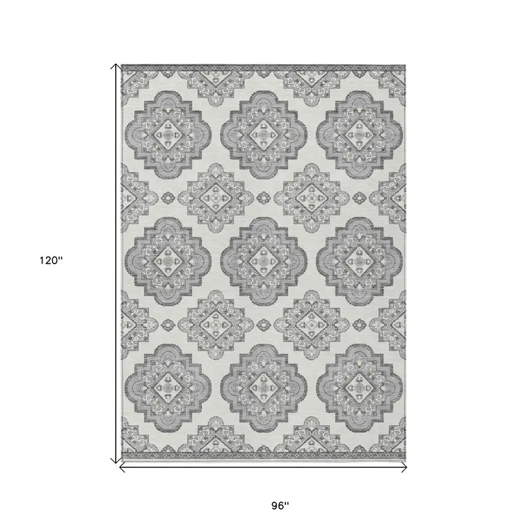 8' X 10' Gray And Ivory Medallion Washable Indoor Outdoor Area Rug