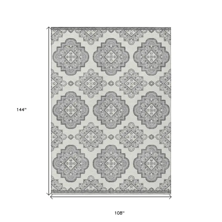 9' X 12' Gray And Ivory Medallion Washable Indoor Outdoor Area Rug