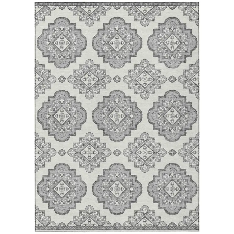 9' X 12' Gray And Ivory Medallion Washable Indoor Outdoor Area Rug