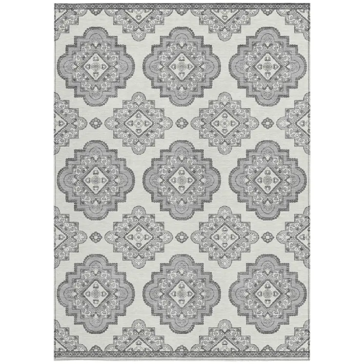 10' X 14' Gray And Ivory Medallion Washable Indoor Outdoor Area Rug