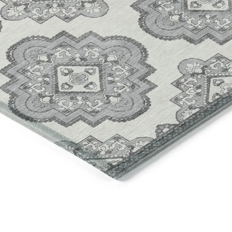 10' X 14' Gray And Ivory Medallion Washable Indoor Outdoor Area Rug