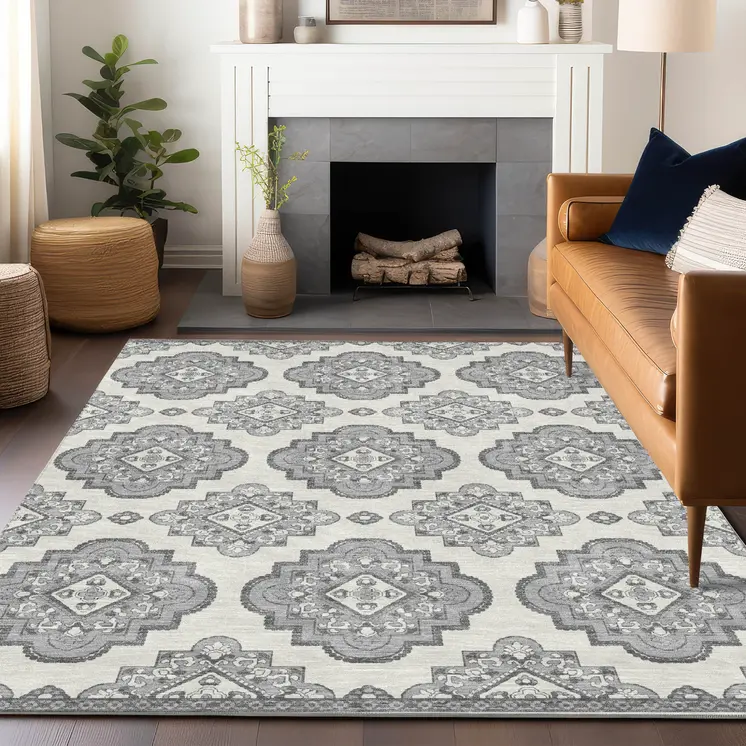 10' X 14' Gray And Ivory Medallion Washable Indoor Outdoor Area Rug