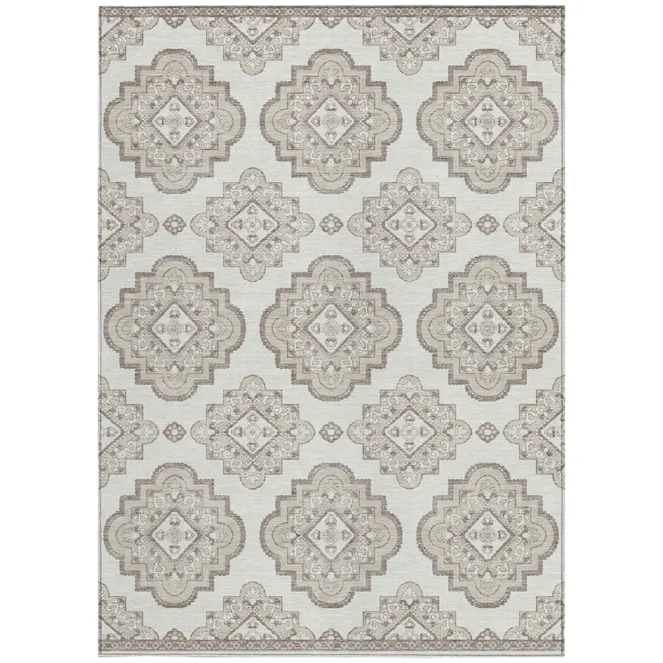 3' X 5' Ivory And Brown Medallion Washable Indoor Outdoor Area Rug