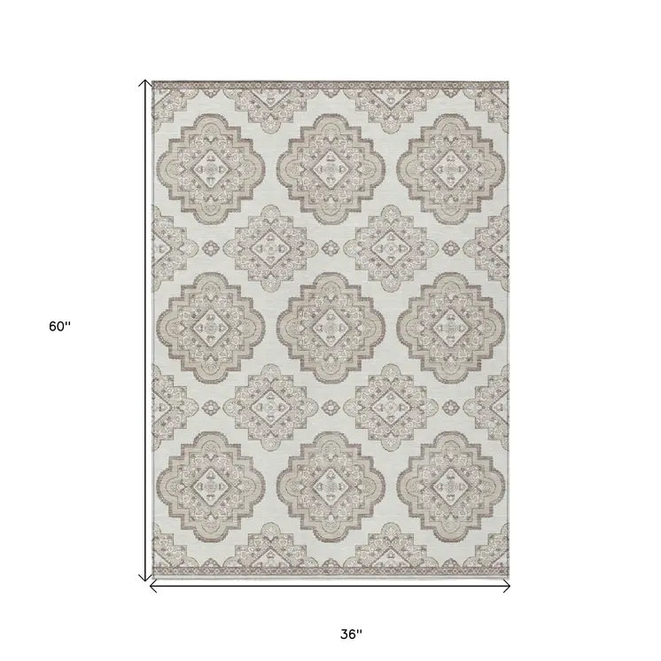 3' X 5' Ivory And Brown Medallion Washable Indoor Outdoor Area Rug