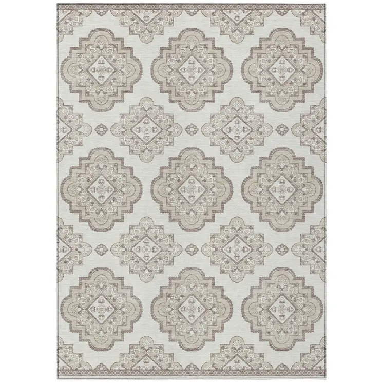 5' X 8' Ivory And Brown Medallion Washable Indoor Outdoor Area Rug
