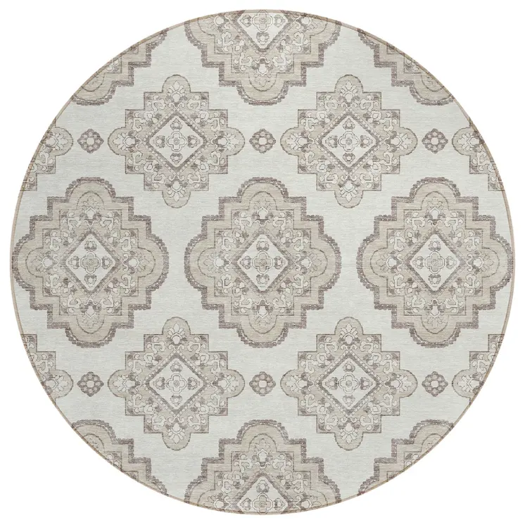 8' Ivory And Brown Round Medallion Washable Indoor Outdoor Area Rug