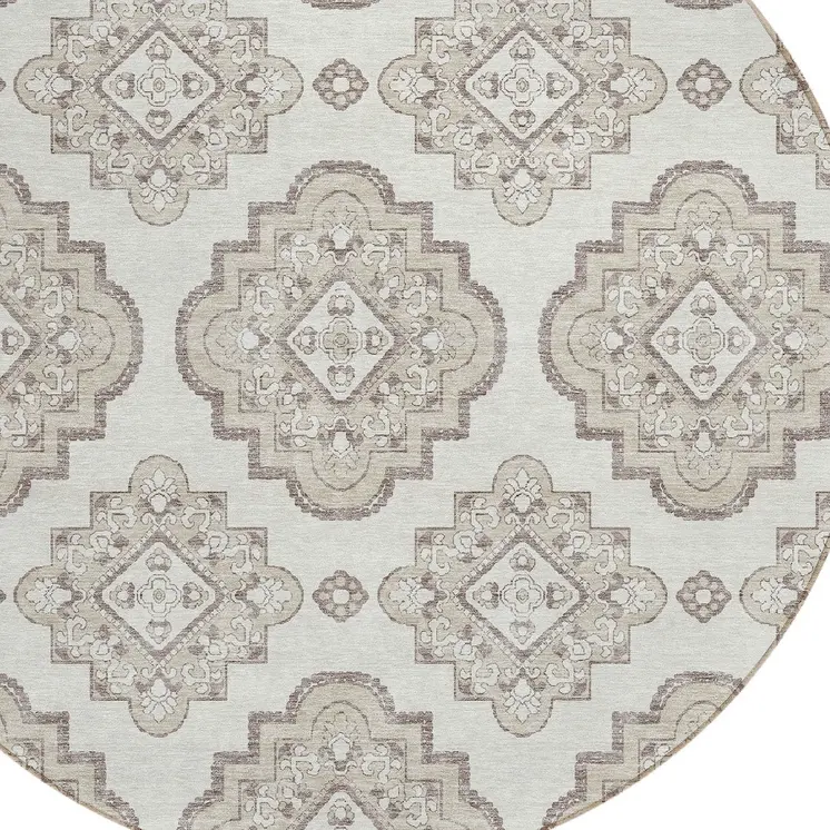 8' Ivory And Brown Round Medallion Washable Indoor Outdoor Area Rug