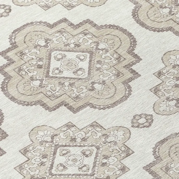 8' Ivory And Brown Round Medallion Washable Indoor Outdoor Area Rug