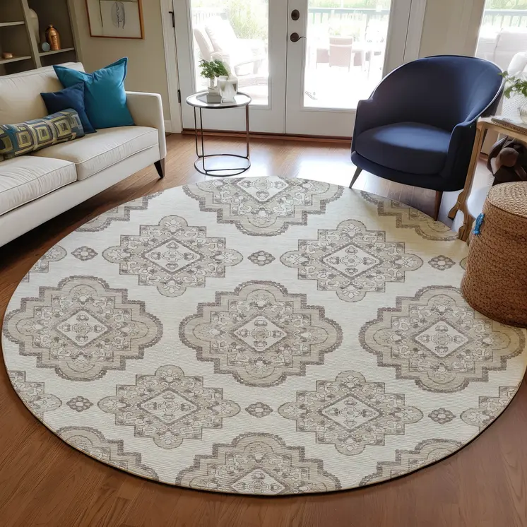8' Ivory And Brown Round Medallion Washable Indoor Outdoor Area Rug
