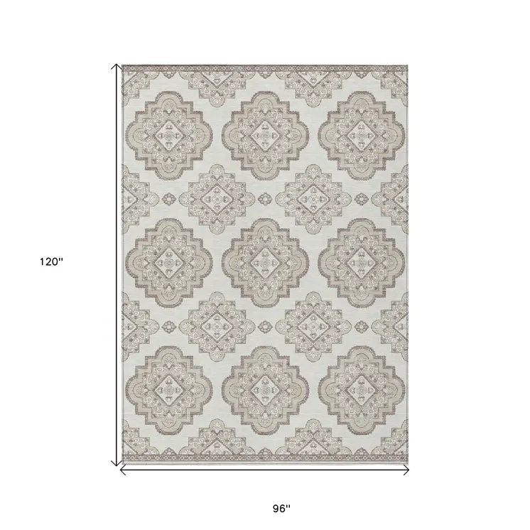 8' X 10' Ivory And Brown Medallion Washable Indoor Outdoor Area Rug