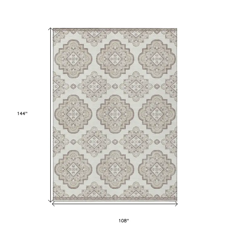 9' X 12' Ivory And Brown Medallion Washable Indoor Outdoor Area Rug