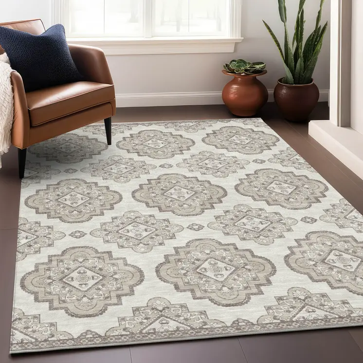 9' X 12' Ivory And Brown Medallion Washable Indoor Outdoor Area Rug