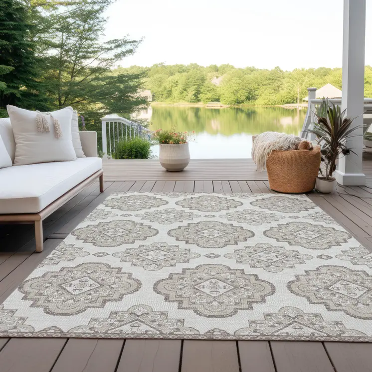 10' X 14' Ivory And Brown Medallion Washable Indoor Outdoor Area Rug