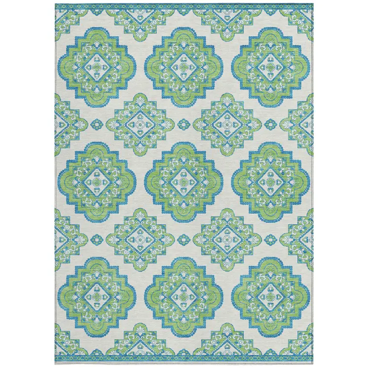3' X 5' Lime Green And Ivory Medallion Washable Indoor Outdoor Area Rug