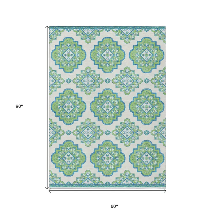 5' X 8' Lime Green And Ivory Medallion Washable Indoor Outdoor Area Rug