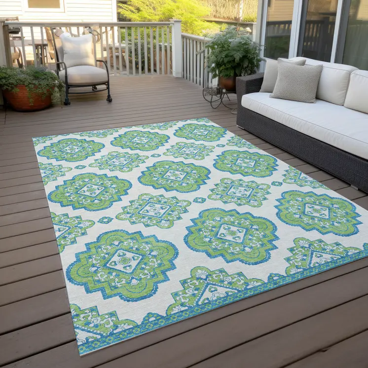 5' X 8' Lime Green And Ivory Medallion Washable Indoor Outdoor Area Rug
