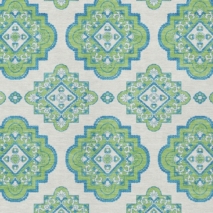 5' X 8' Lime Green And Ivory Medallion Washable Indoor Outdoor Area Rug