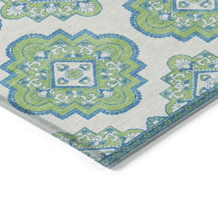 5' X 8' Lime Green And Ivory Medallion Washable Indoor Outdoor Area Rug