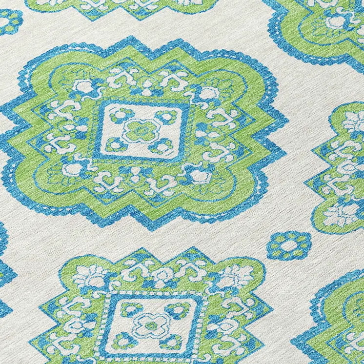 5' X 8' Lime Green And Ivory Medallion Washable Indoor Outdoor Area Rug