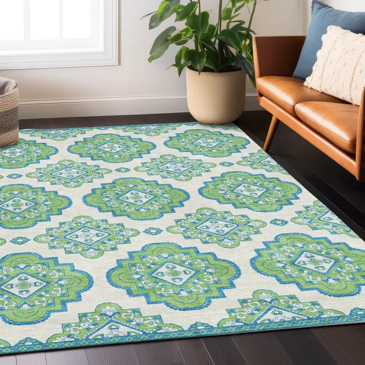 5' X 8' Lime Green And Ivory Medallion Washable Indoor Outdoor Area Rug