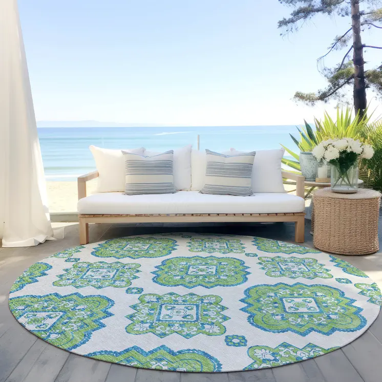 8' Lime Green And Ivory Round Medallion Washable Indoor Outdoor Area Rug