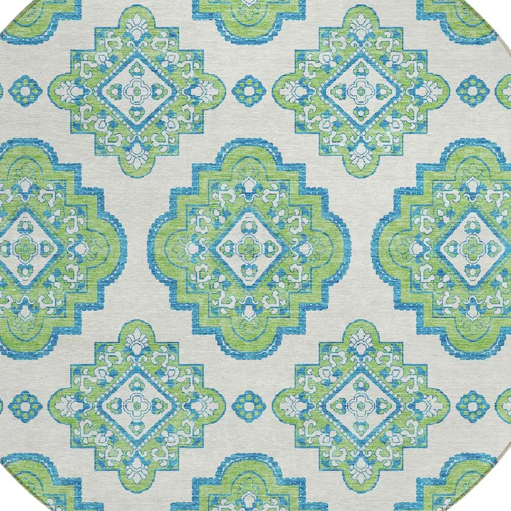 8' Lime Green And Ivory Round Medallion Washable Indoor Outdoor Area Rug