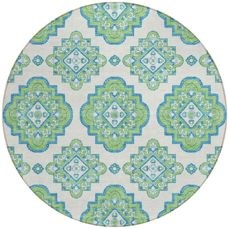 8' Lime Green And Ivory Round Medallion Washable Indoor Outdoor Area Rug