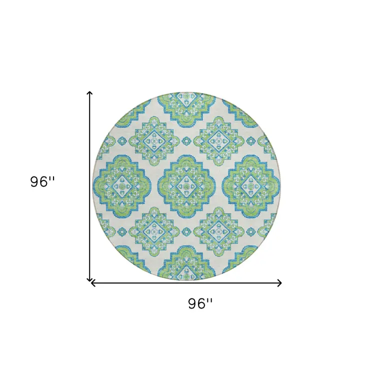 8' Lime Green And Ivory Round Medallion Washable Indoor Outdoor Area Rug