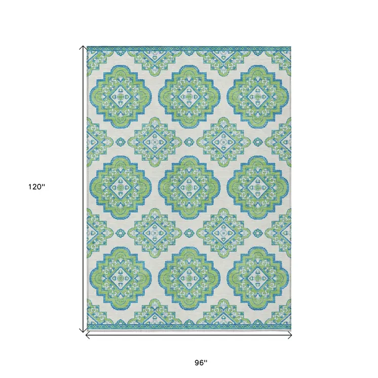 8' X 10' Lime Green And Ivory Medallion Washable Indoor Outdoor Area Rug