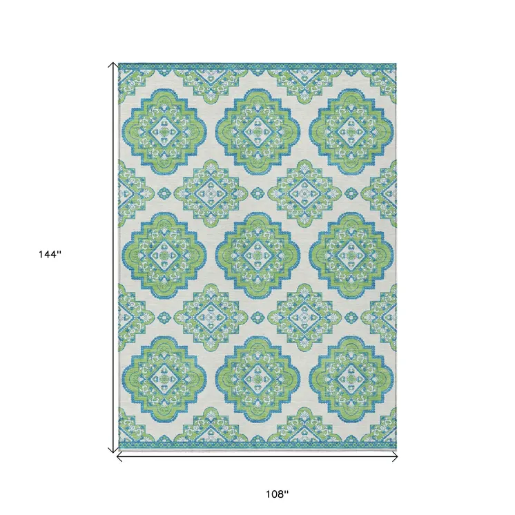 9' X 12' Lime Green And Ivory Medallion Washable Indoor Outdoor Area Rug