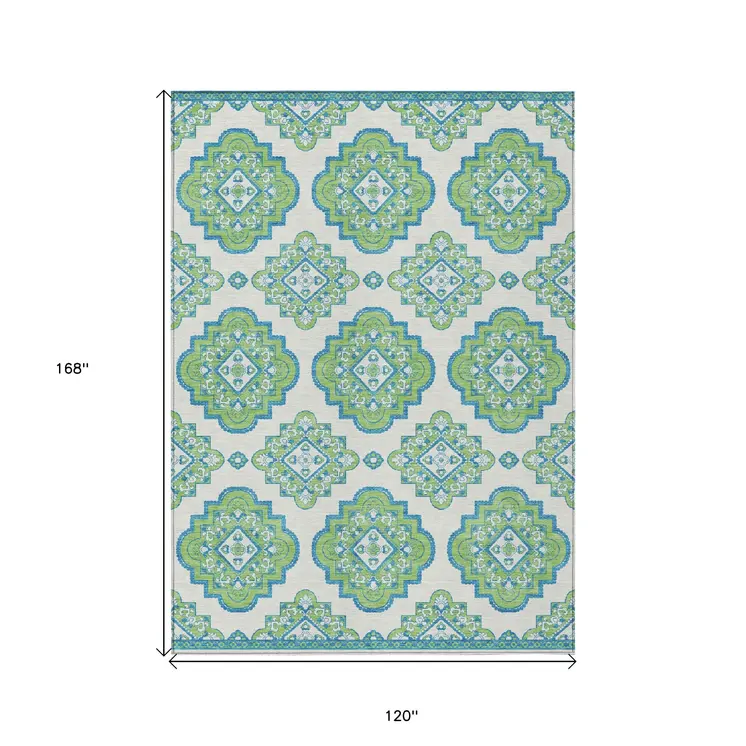 10' X 14' Lime Green And Ivory Medallion Washable Indoor Outdoor Area Rug