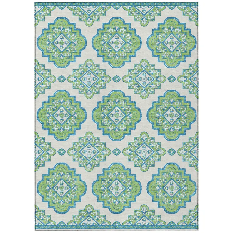 10' X 14' Lime Green And Ivory Medallion Washable Indoor Outdoor Area Rug