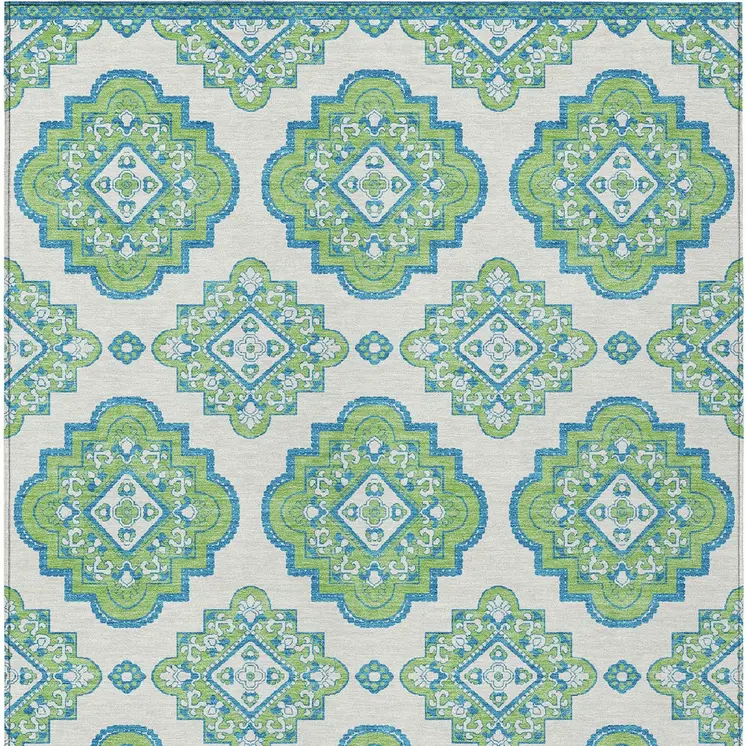 10' X 14' Lime Green And Ivory Medallion Washable Indoor Outdoor Area Rug
