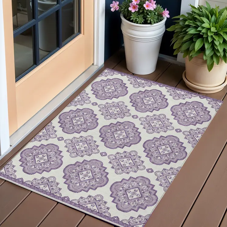 3' X 5' Lavender And Ivory Medallion Washable Indoor Outdoor Area Rug