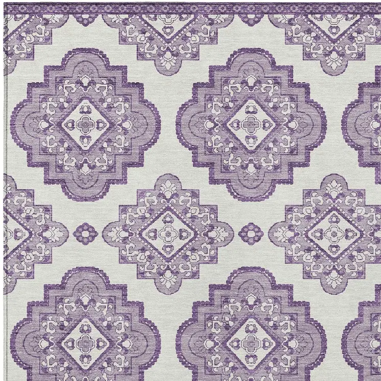 3' X 5' Lavender And Ivory Medallion Washable Indoor Outdoor Area Rug