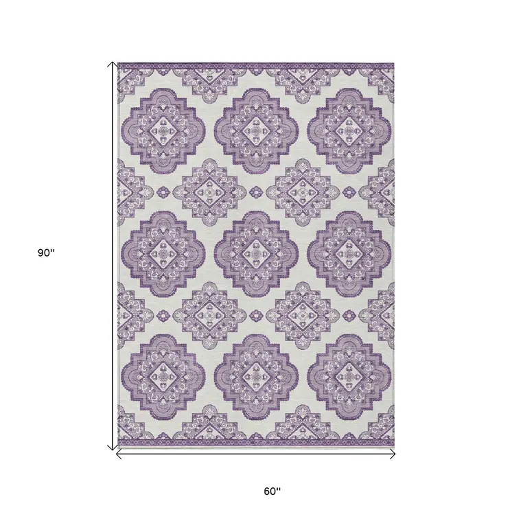 5' X 8' Lavender And Ivory Medallion Washable Indoor Outdoor Area Rug