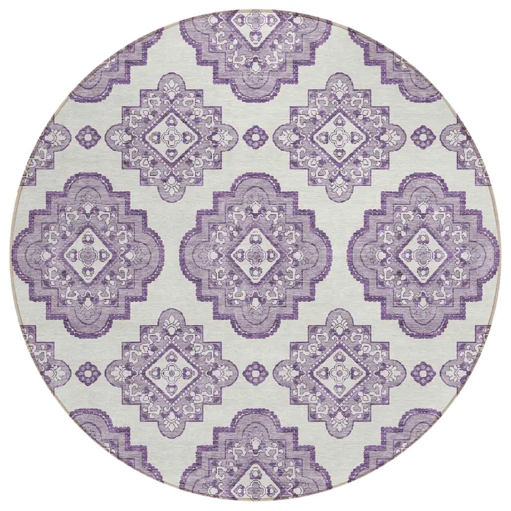 8' Lavender And Ivory Round Medallion Washable Indoor Outdoor Area Rug