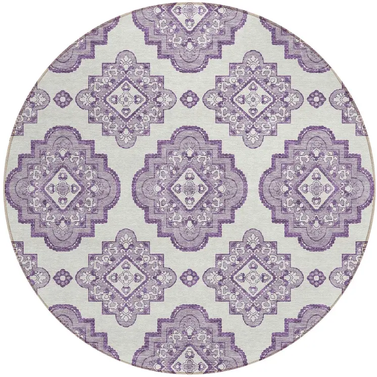 8' Lavender And Ivory Round Medallion Washable Indoor Outdoor Area Rug