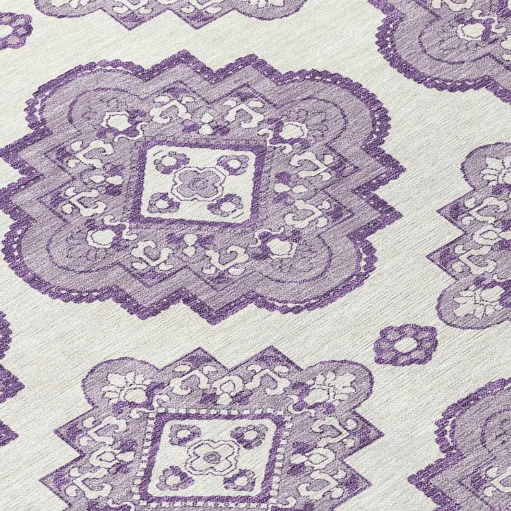 8' Lavender And Ivory Round Medallion Washable Indoor Outdoor Area Rug