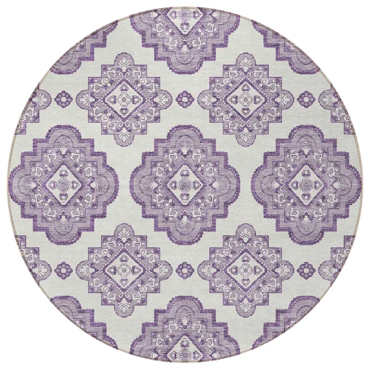 8' Lavender And Ivory Round Medallion Washable Indoor Outdoor Area Rug