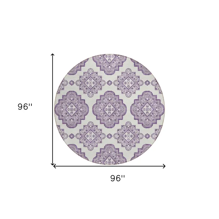 8' Lavender And Ivory Round Medallion Washable Indoor Outdoor Area Rug